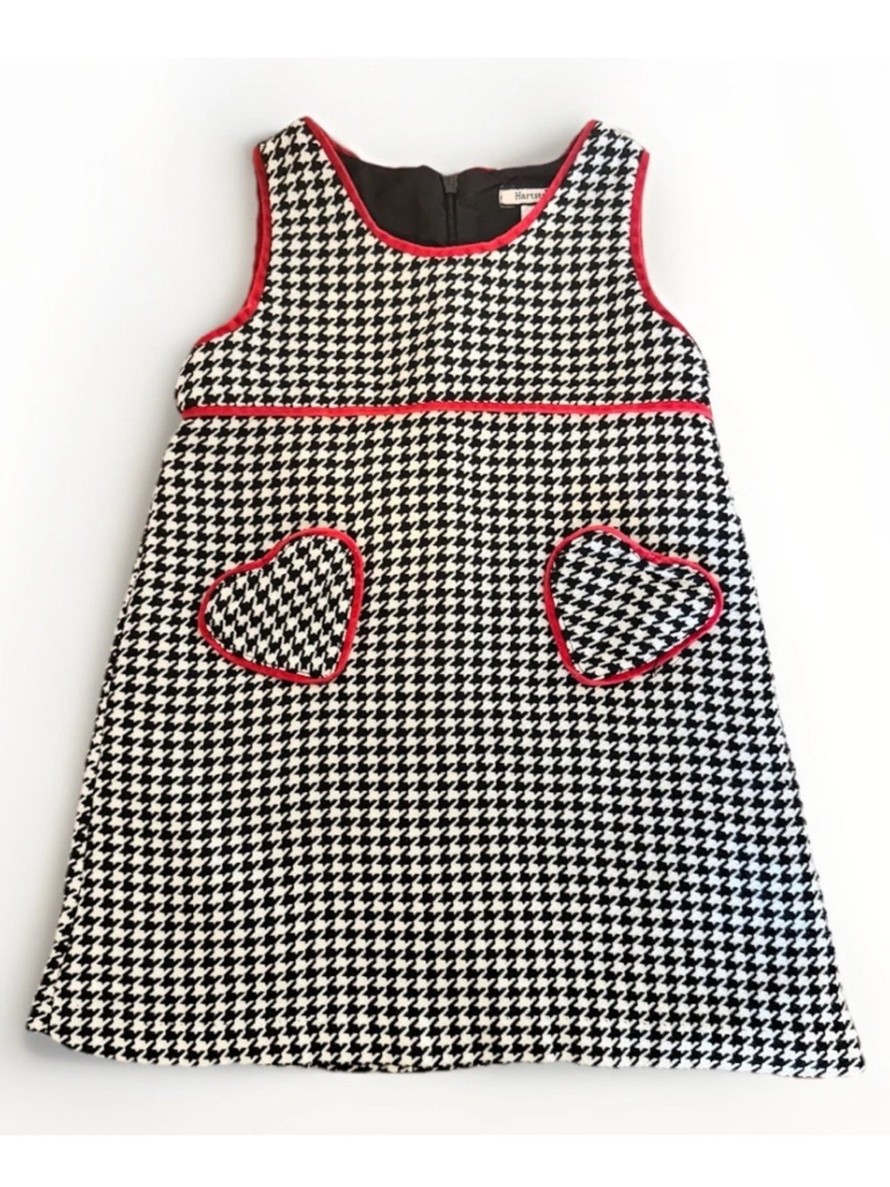 Hartstrings Girls 2T Houndstooth A-Line Dress Red Trim Heart‎ Pockets Lined